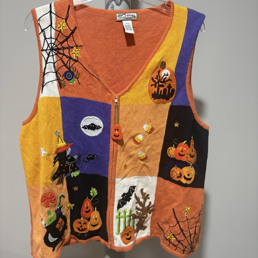 Vtg Y2K Heirloom Collectibles Halloween Embroidered Sweater Vest Sz 22/24